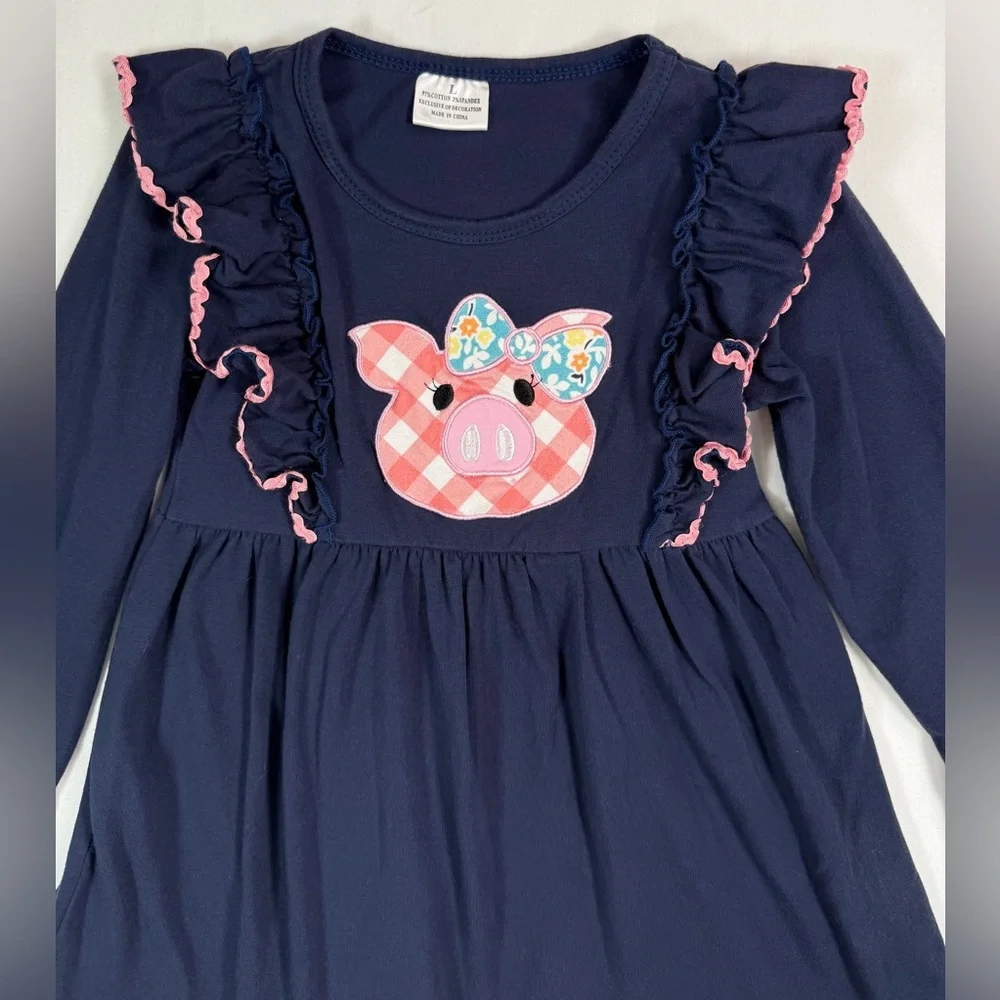 PIGGY FRIENDS Girls Pig Applique Ruffle Dress L 5/6 Gingham Farm‎ Cowgirl 4-H